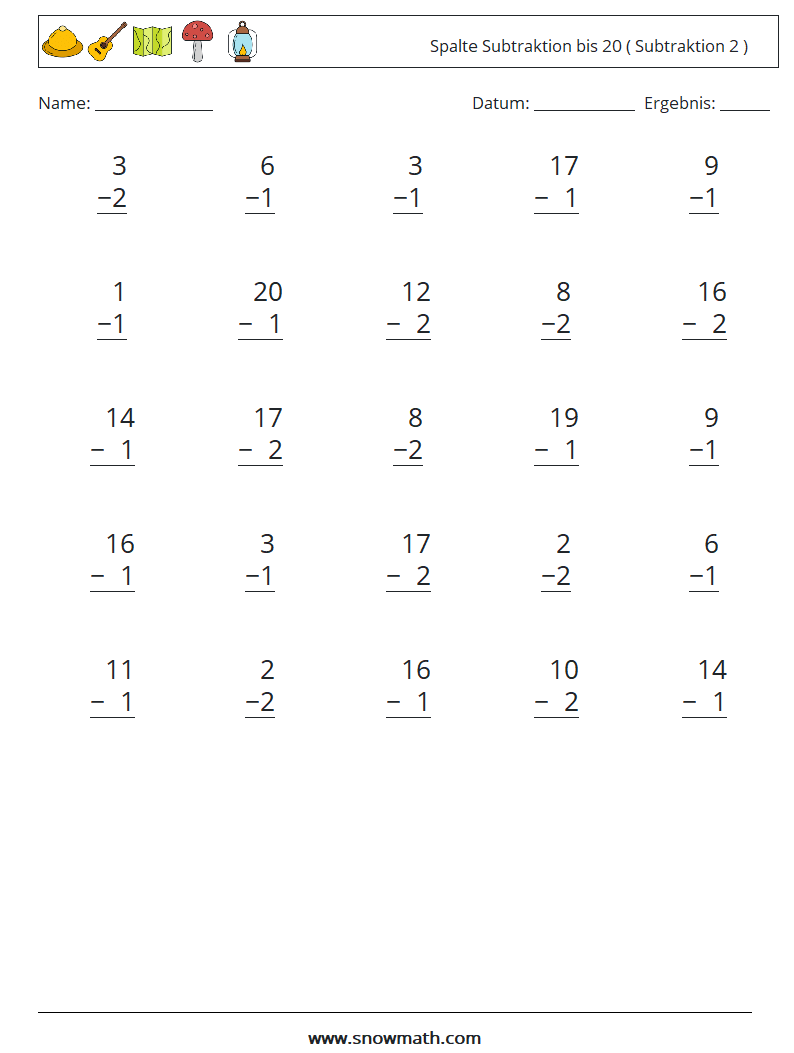 (25) Spalte Subtraktion bis 20 ( Subtraktion 2 ) Mathe-Arbeitsblätter 16