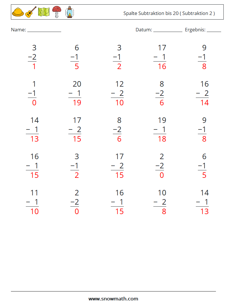 (25) Spalte Subtraktion bis 20 ( Subtraktion 2 ) Mathe-Arbeitsblätter 16 Frage, Antwort