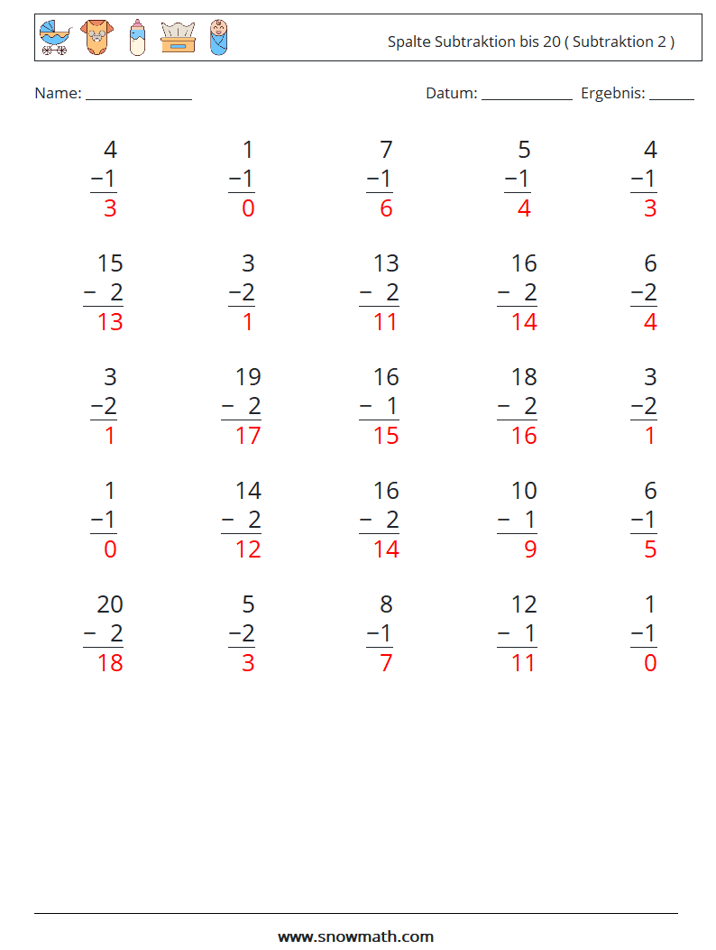 (25) Spalte Subtraktion bis 20 ( Subtraktion 2 ) Mathe-Arbeitsblätter 17 Frage, Antwort