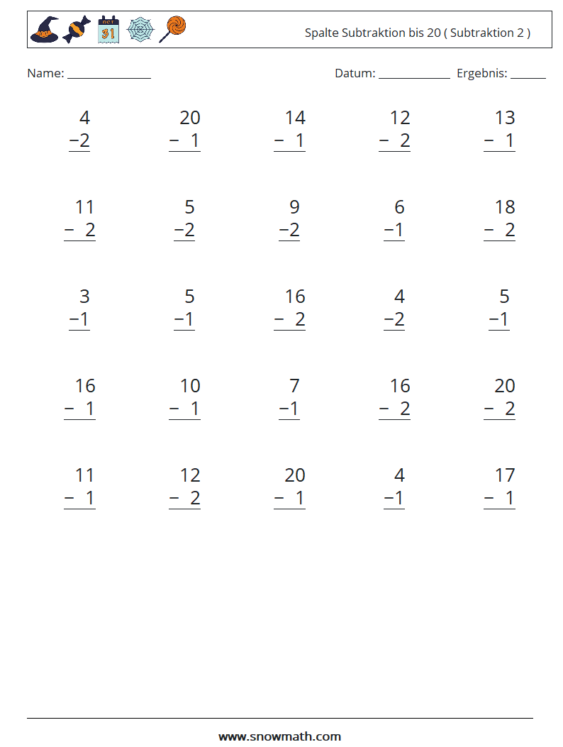 (25) Spalte Subtraktion bis 20 ( Subtraktion 2 ) Mathe-Arbeitsblätter 18