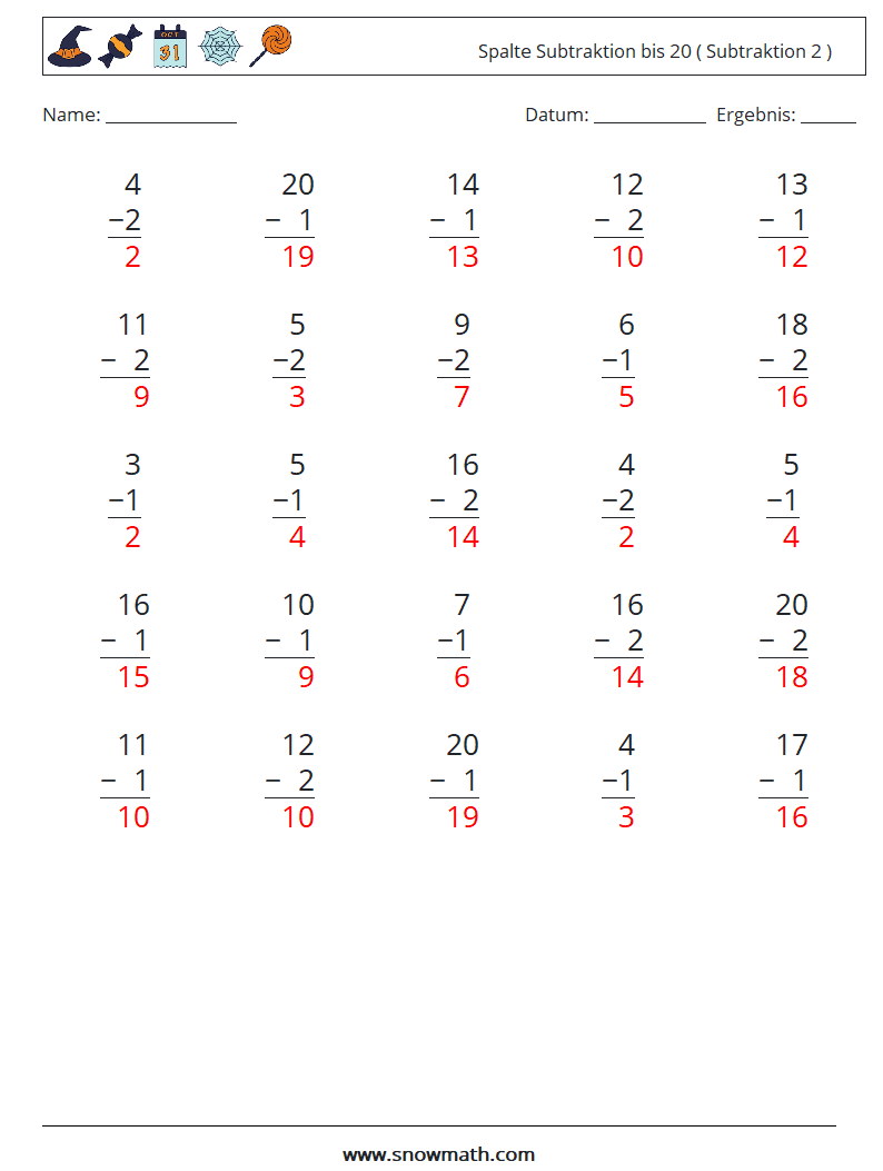 (25) Spalte Subtraktion bis 20 ( Subtraktion 2 ) Mathe-Arbeitsblätter 18 Frage, Antwort