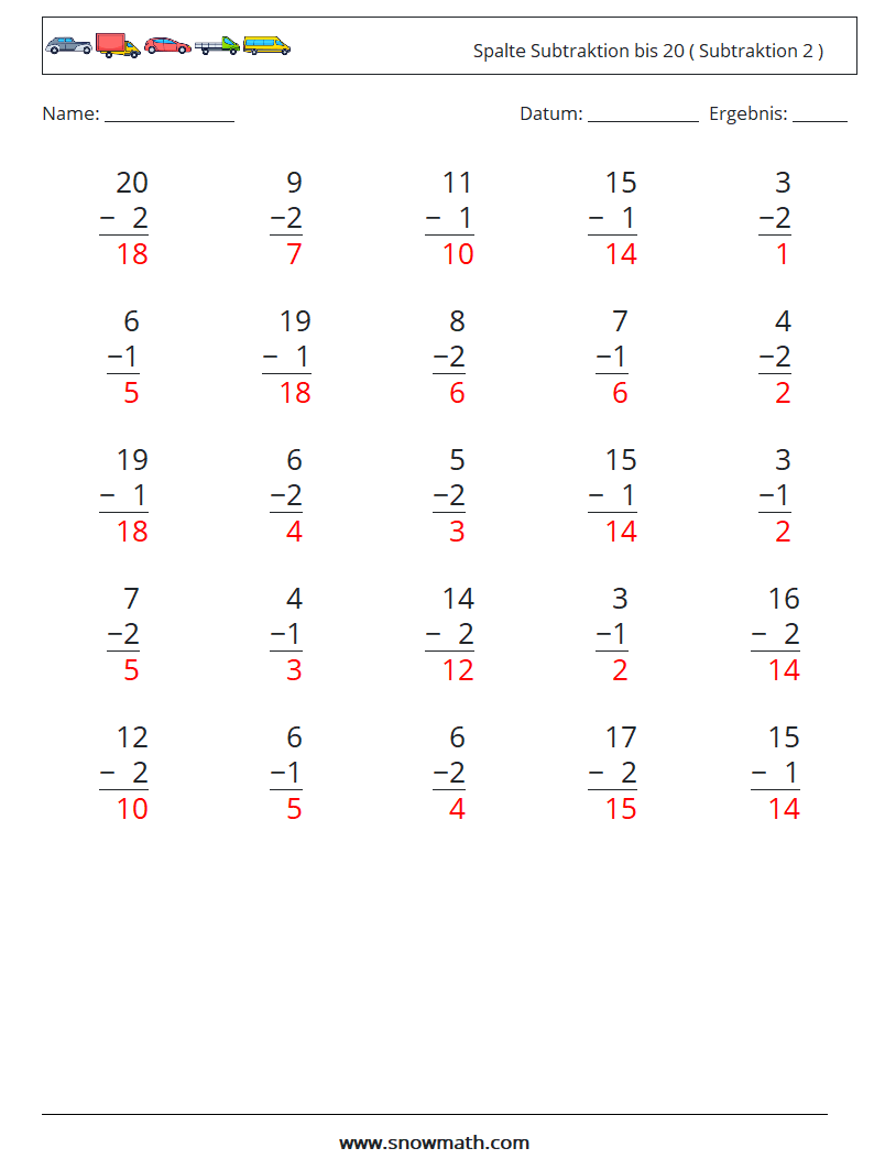 (25) Spalte Subtraktion bis 20 ( Subtraktion 2 ) Mathe-Arbeitsblätter 1 Frage, Antwort