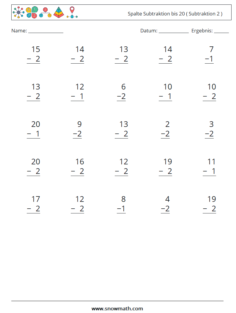 (25) Spalte Subtraktion bis 20 ( Subtraktion 2 ) Mathe-Arbeitsblätter 2