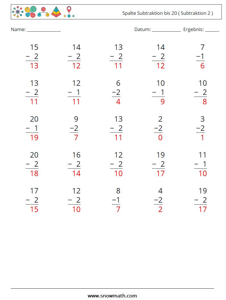 (25) Spalte Subtraktion bis 20 ( Subtraktion 2 ) Mathe-Arbeitsblätter 2 Frage, Antwort