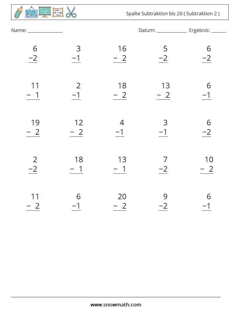 (25) Spalte Subtraktion bis 20 ( Subtraktion 2 ) Mathe-Arbeitsblätter 3