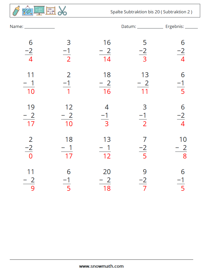 (25) Spalte Subtraktion bis 20 ( Subtraktion 2 ) Mathe-Arbeitsblätter 3 Frage, Antwort