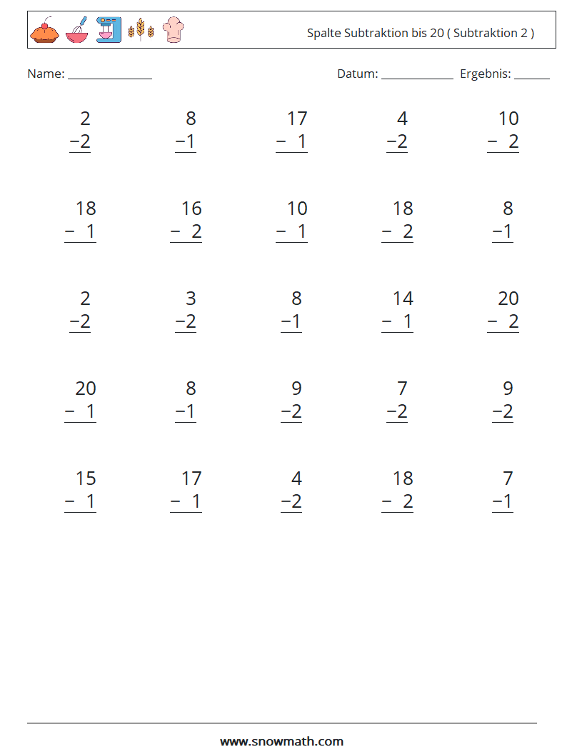 (25) Spalte Subtraktion bis 20 ( Subtraktion 2 ) Mathe-Arbeitsblätter 4