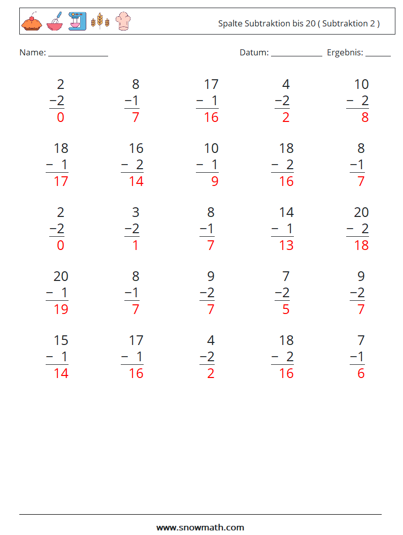 (25) Spalte Subtraktion bis 20 ( Subtraktion 2 ) Mathe-Arbeitsblätter 4 Frage, Antwort