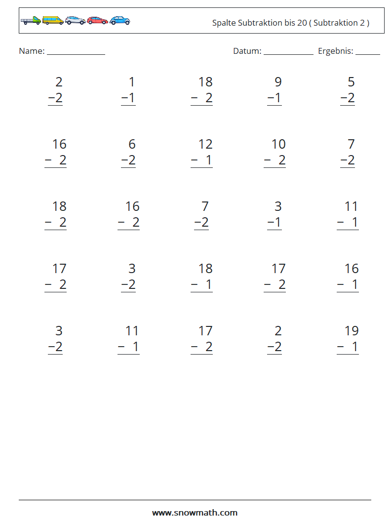 (25) Spalte Subtraktion bis 20 ( Subtraktion 2 ) Mathe-Arbeitsblätter 5