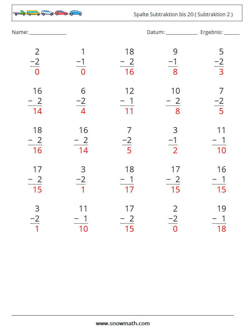 (25) Spalte Subtraktion bis 20 ( Subtraktion 2 ) Mathe-Arbeitsblätter 5 Frage, Antwort