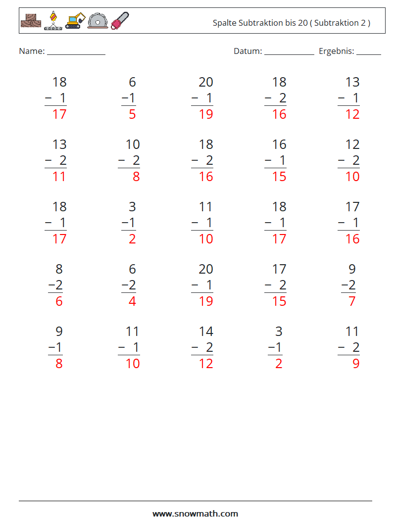(25) Spalte Subtraktion bis 20 ( Subtraktion 2 ) Mathe-Arbeitsblätter 6 Frage, Antwort