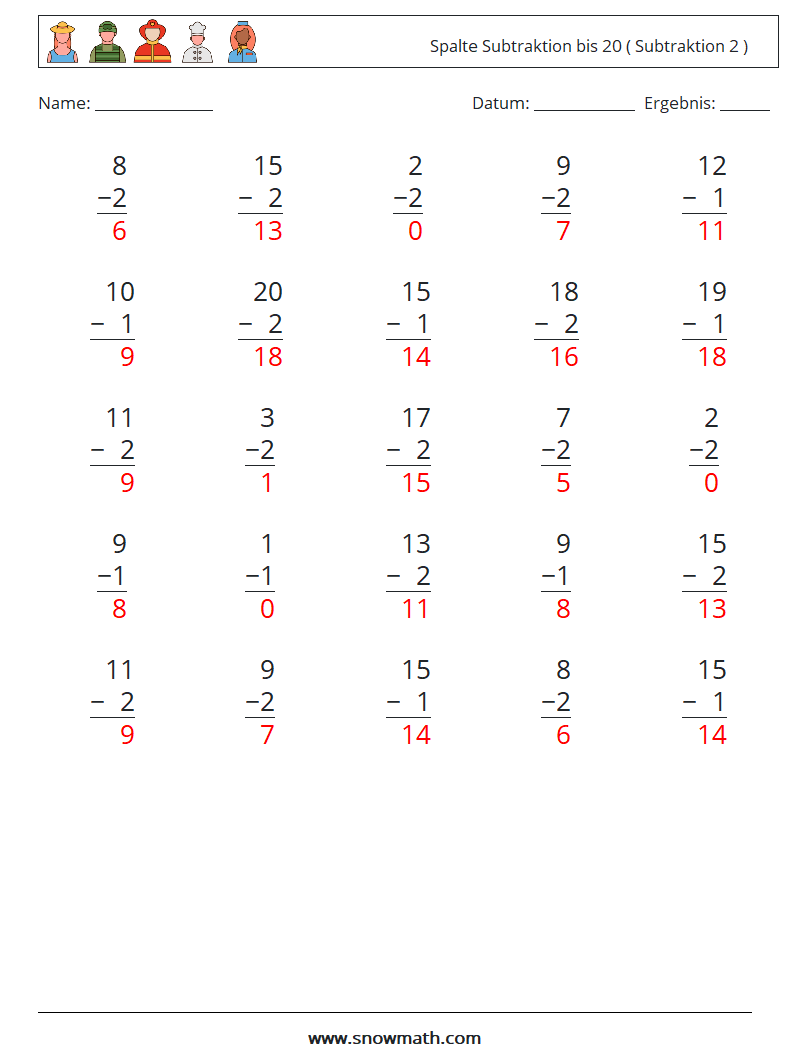 (25) Spalte Subtraktion bis 20 ( Subtraktion 2 ) Mathe-Arbeitsblätter 7 Frage, Antwort