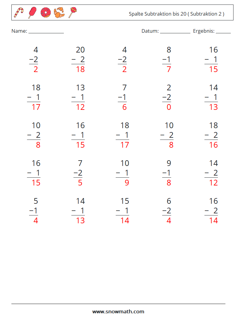 (25) Spalte Subtraktion bis 20 ( Subtraktion 2 ) Mathe-Arbeitsblätter 8 Frage, Antwort