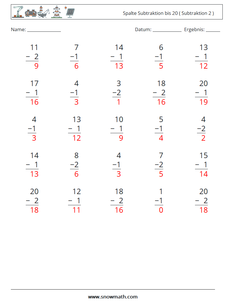 (25) Spalte Subtraktion bis 20 ( Subtraktion 2 ) Mathe-Arbeitsblätter 9 Frage, Antwort