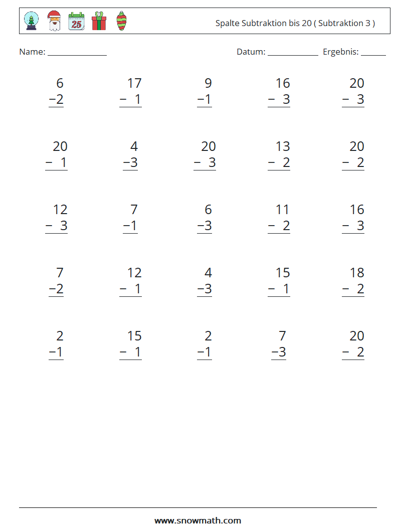 (25) Spalte Subtraktion bis 20 ( Subtraktion 3 ) Mathe-Arbeitsblätter 1