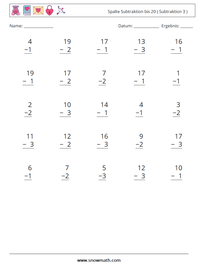 (25) Spalte Subtraktion bis 20 ( Subtraktion 3 ) Mathe-Arbeitsblätter 10