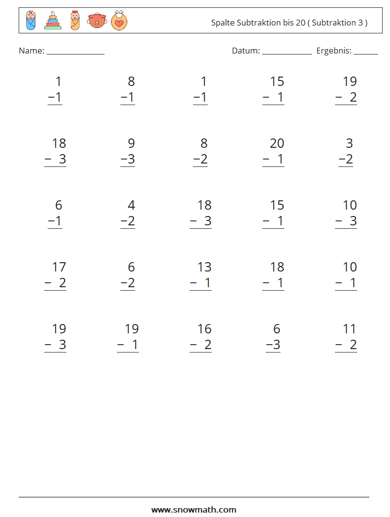 (25) Spalte Subtraktion bis 20 ( Subtraktion 3 ) Mathe-Arbeitsblätter 11