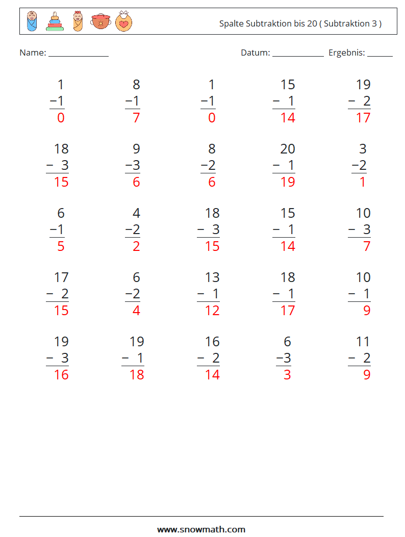 (25) Spalte Subtraktion bis 20 ( Subtraktion 3 ) Mathe-Arbeitsblätter 11 Frage, Antwort