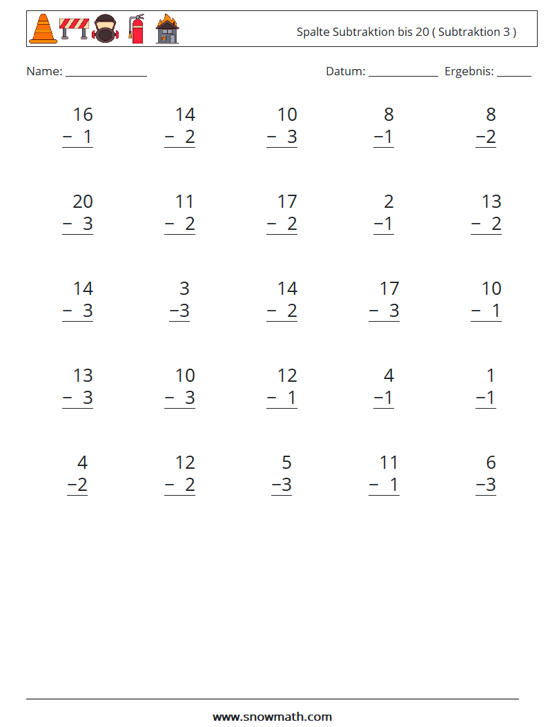 (25) Spalte Subtraktion bis 20 ( Subtraktion 3 ) Mathe-Arbeitsblätter 12