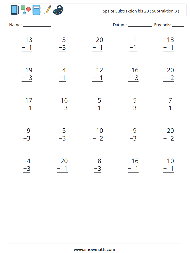 (25) Spalte Subtraktion bis 20 ( Subtraktion 3 ) Mathe-Arbeitsblätter 15
