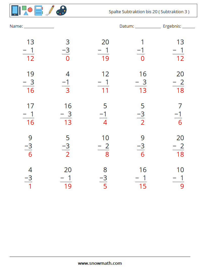 (25) Spalte Subtraktion bis 20 ( Subtraktion 3 ) Mathe-Arbeitsblätter 15 Frage, Antwort