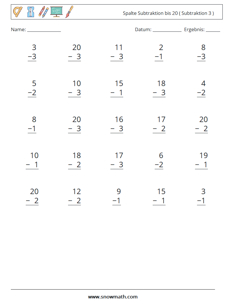 (25) Spalte Subtraktion bis 20 ( Subtraktion 3 ) Mathe-Arbeitsblätter 16