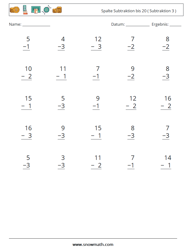 (25) Spalte Subtraktion bis 20 ( Subtraktion 3 ) Mathe-Arbeitsblätter 18