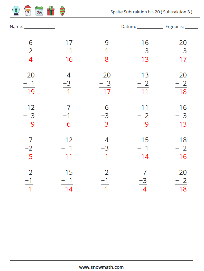 (25) Spalte Subtraktion bis 20 ( Subtraktion 3 ) Mathe-Arbeitsblätter 1 Frage, Antwort