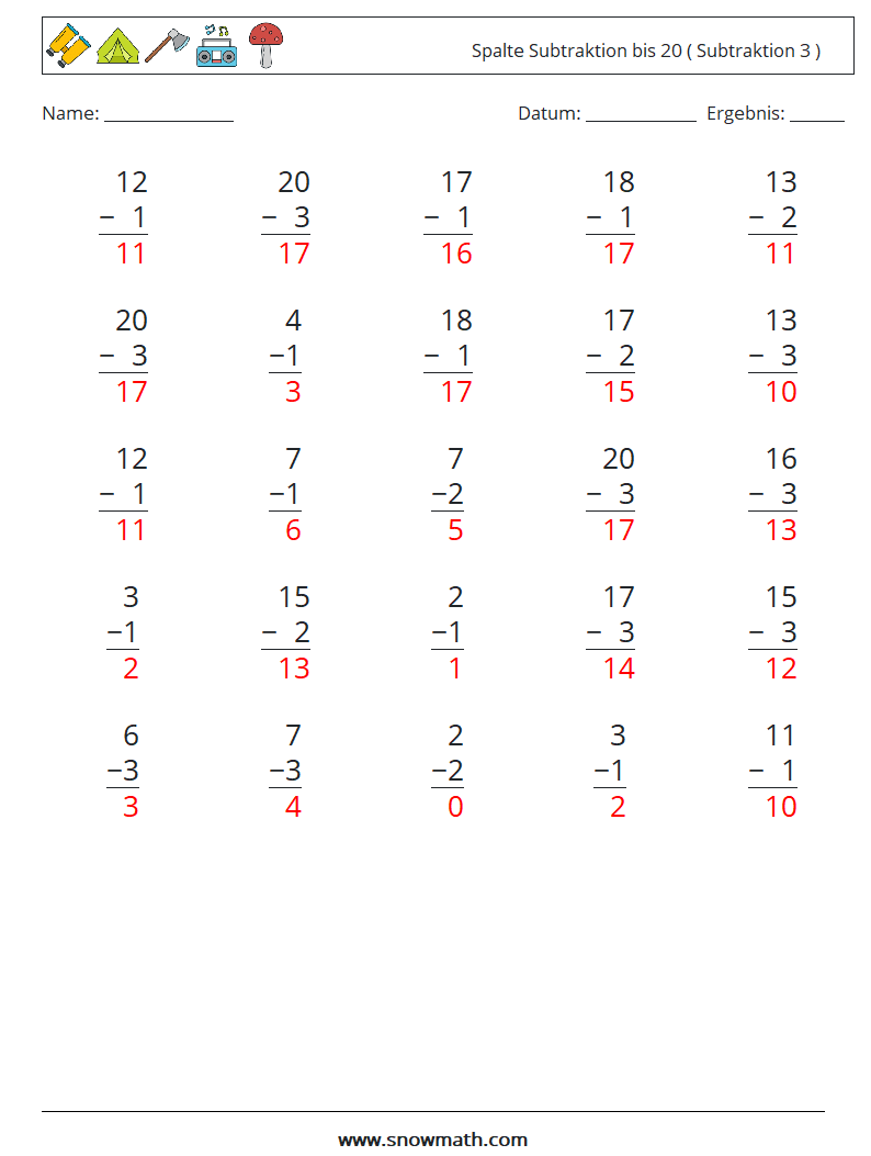 (25) Spalte Subtraktion bis 20 ( Subtraktion 3 ) Mathe-Arbeitsblätter 3 Frage, Antwort