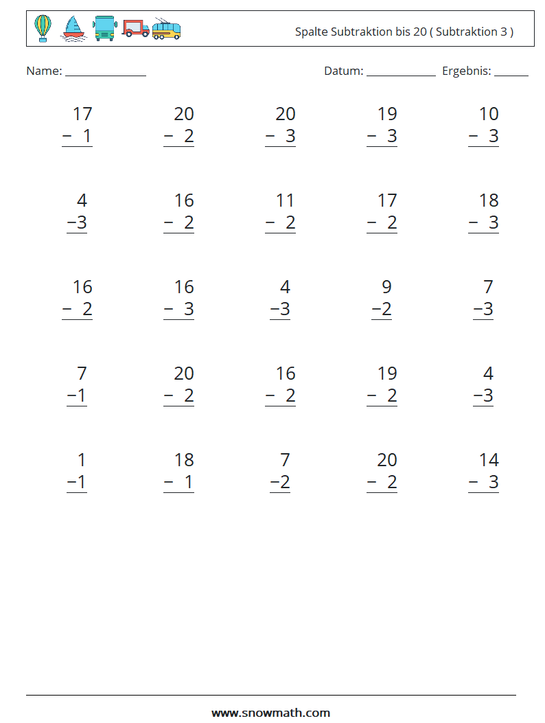 (25) Spalte Subtraktion bis 20 ( Subtraktion 3 ) Mathe-Arbeitsblätter 4