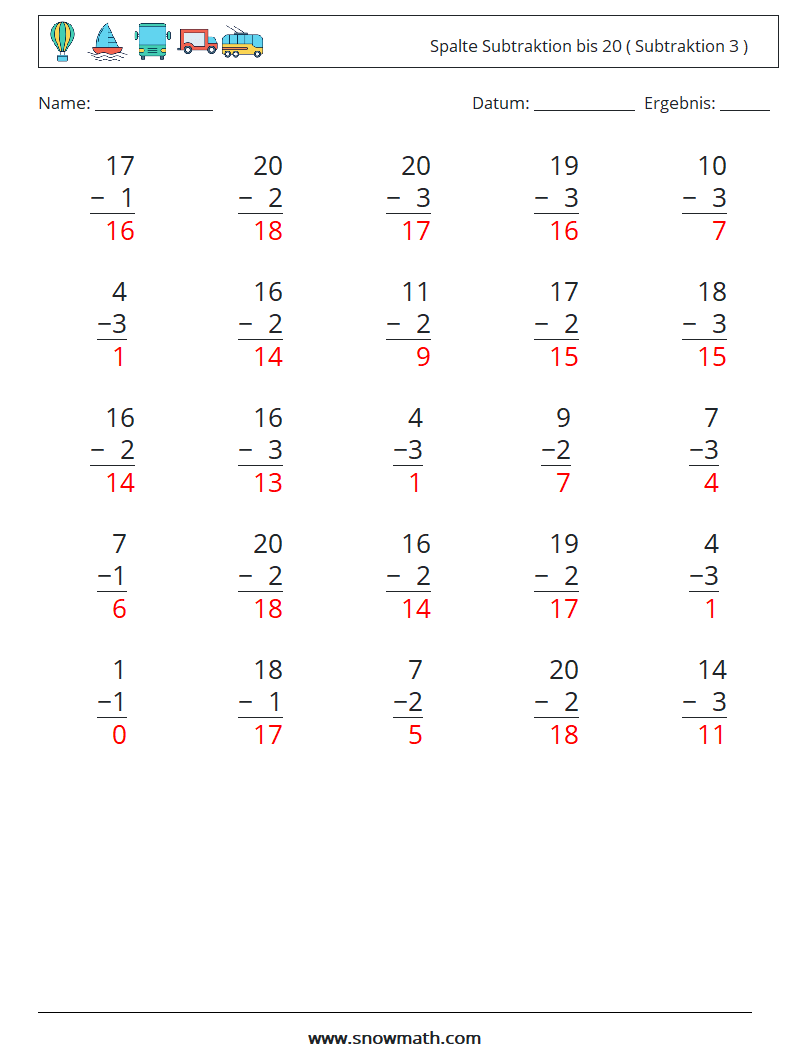 (25) Spalte Subtraktion bis 20 ( Subtraktion 3 ) Mathe-Arbeitsblätter 4 Frage, Antwort