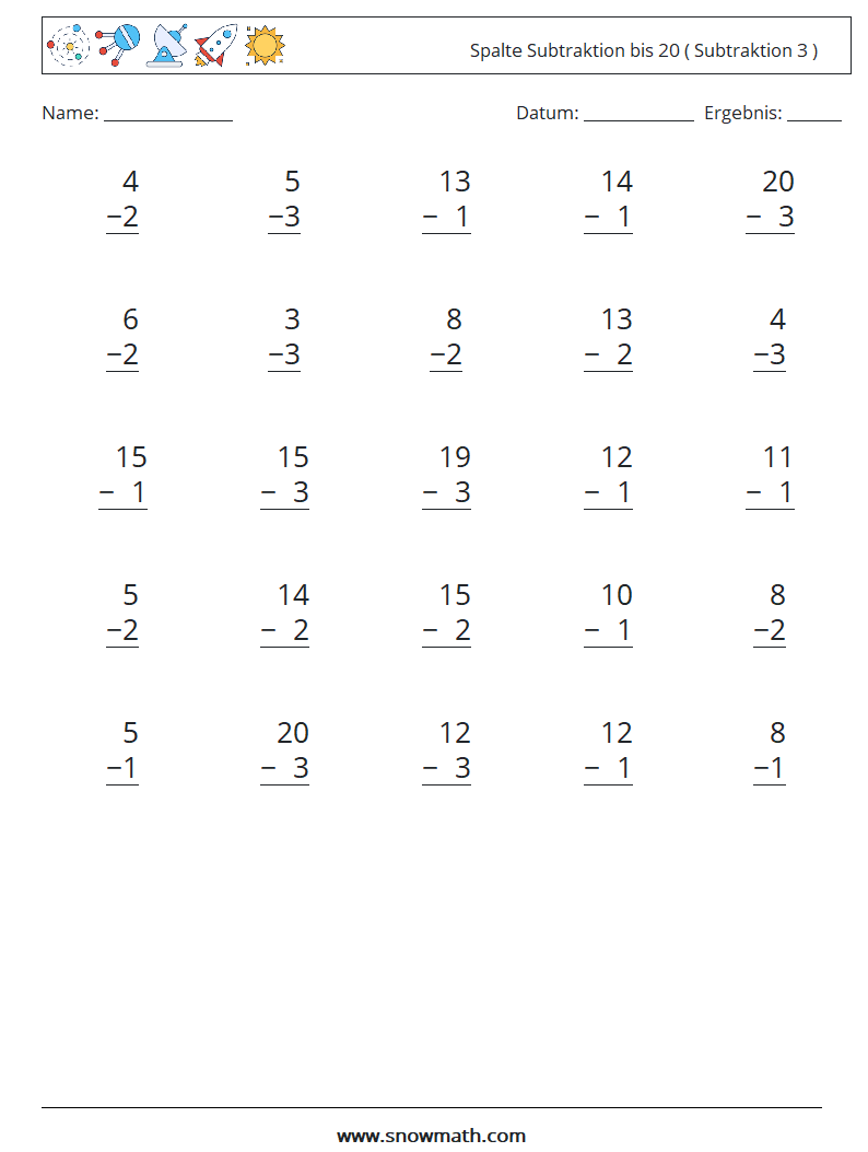 (25) Spalte Subtraktion bis 20 ( Subtraktion 3 ) Mathe-Arbeitsblätter 5