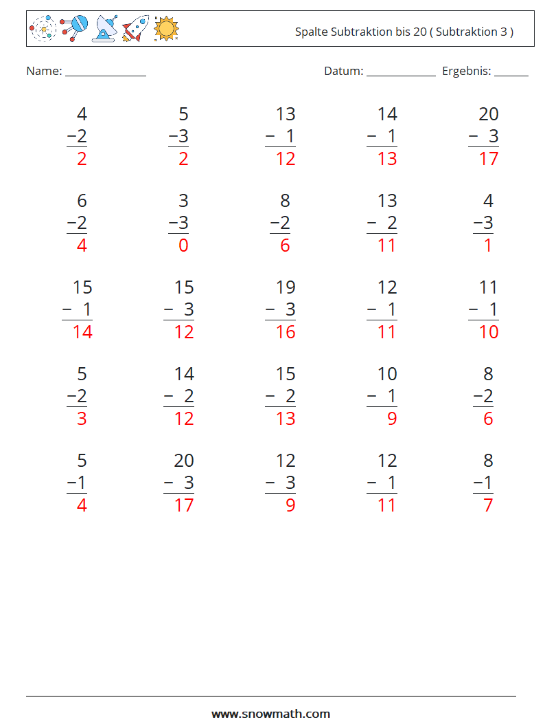 (25) Spalte Subtraktion bis 20 ( Subtraktion 3 ) Mathe-Arbeitsblätter 5 Frage, Antwort