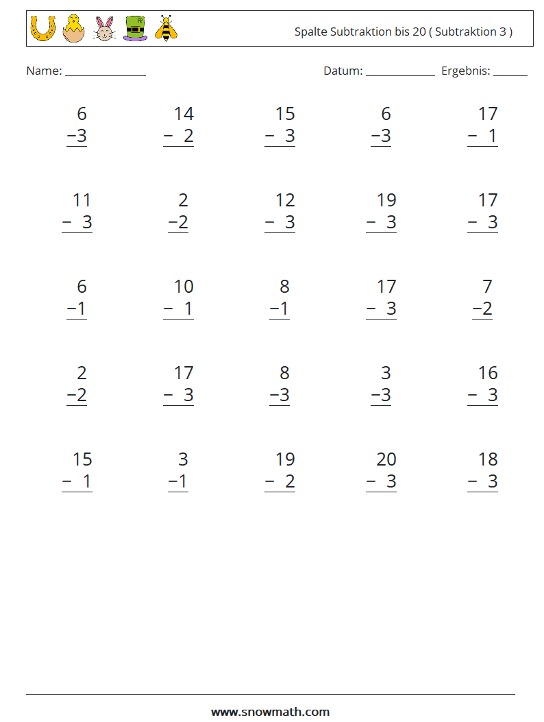 (25) Spalte Subtraktion bis 20 ( Subtraktion 3 ) Mathe-Arbeitsblätter 6