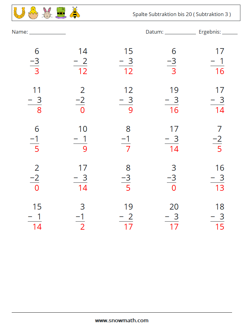 (25) Spalte Subtraktion bis 20 ( Subtraktion 3 ) Mathe-Arbeitsblätter 6 Frage, Antwort