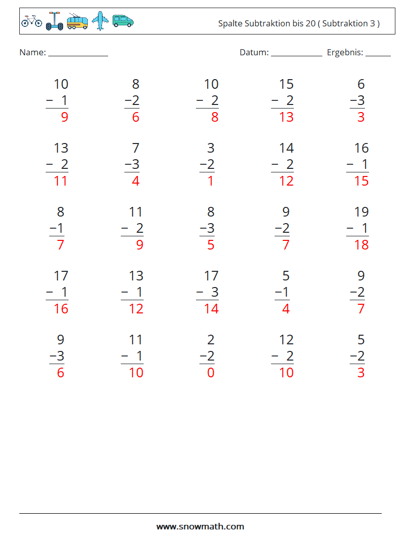 (25) Spalte Subtraktion bis 20 ( Subtraktion 3 ) Mathe-Arbeitsblätter 7 Frage, Antwort