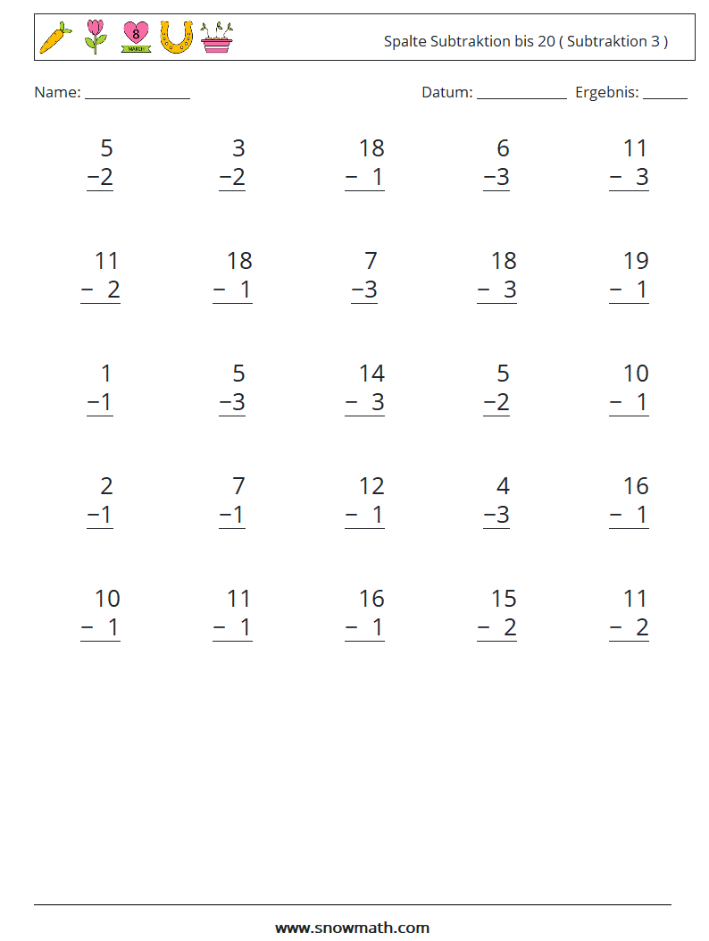 (25) Spalte Subtraktion bis 20 ( Subtraktion 3 ) Mathe-Arbeitsblätter 9