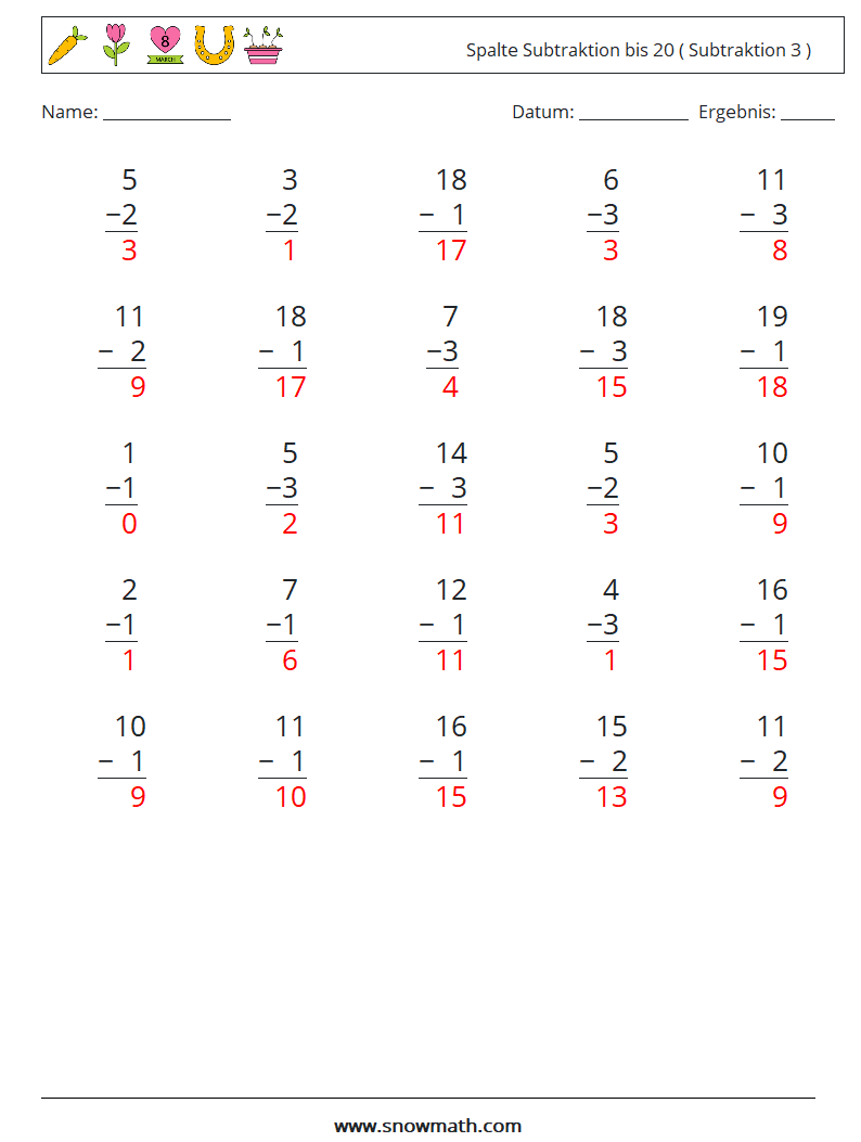 (25) Spalte Subtraktion bis 20 ( Subtraktion 3 ) Mathe-Arbeitsblätter 9 Frage, Antwort