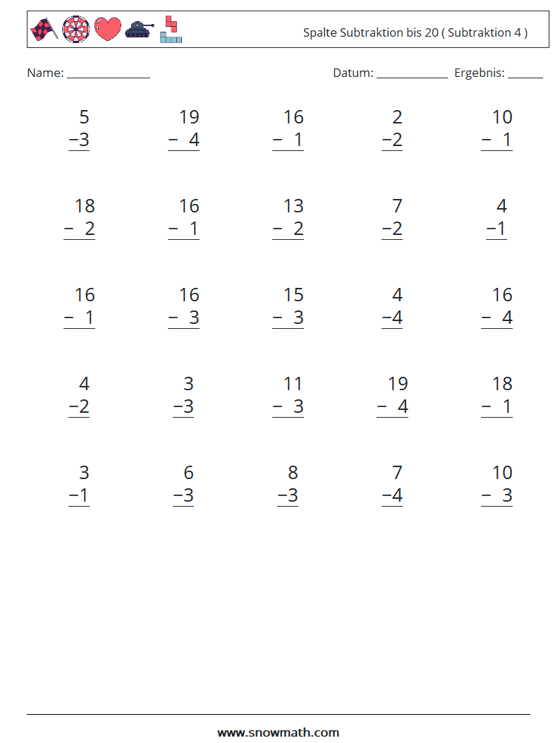 (25) Spalte Subtraktion bis 20 ( Subtraktion 4 ) Mathe-Arbeitsblätter 1