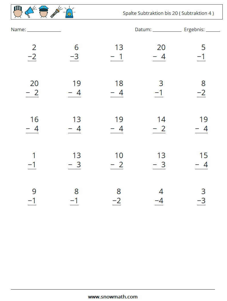 (25) Spalte Subtraktion bis 20 ( Subtraktion 4 ) Mathe-Arbeitsblätter 10