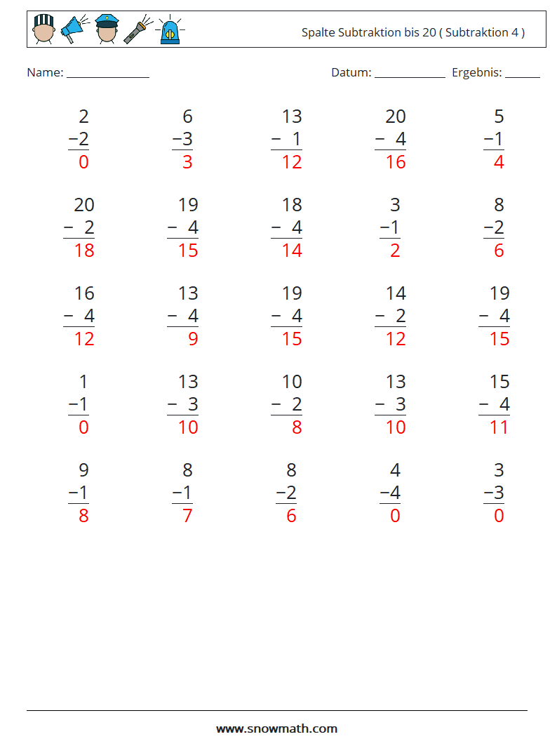 (25) Spalte Subtraktion bis 20 ( Subtraktion 4 ) Mathe-Arbeitsblätter 10 Frage, Antwort