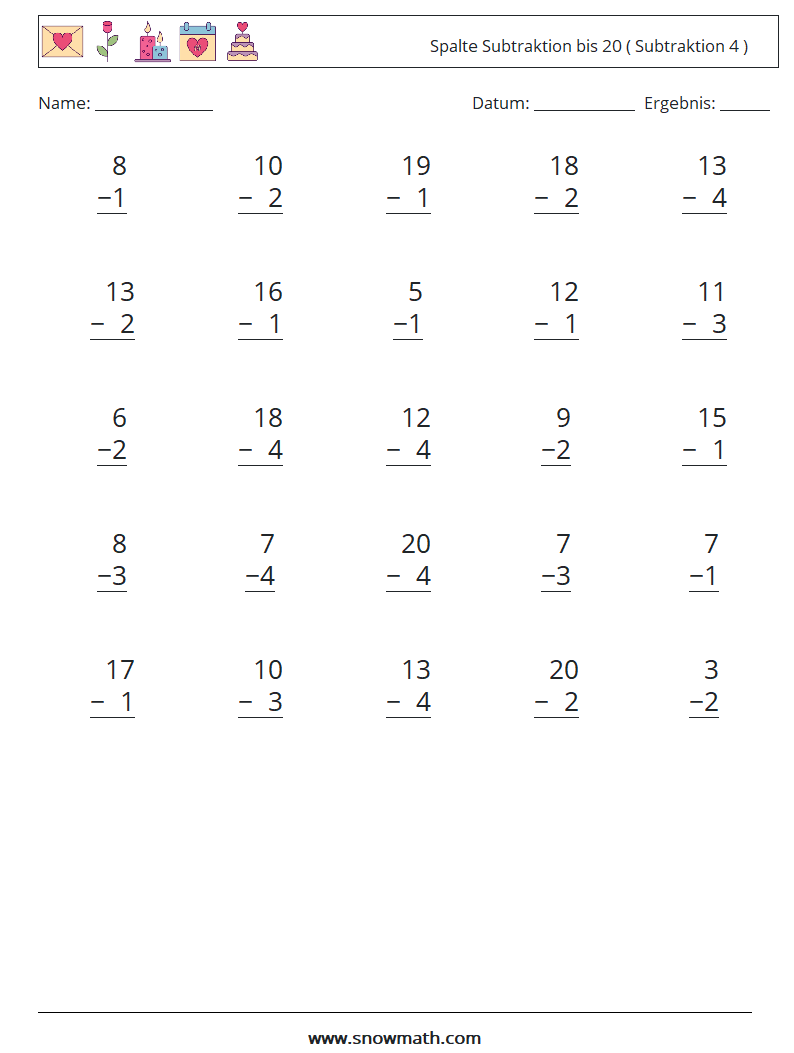 (25) Spalte Subtraktion bis 20 ( Subtraktion 4 ) Mathe-Arbeitsblätter 11