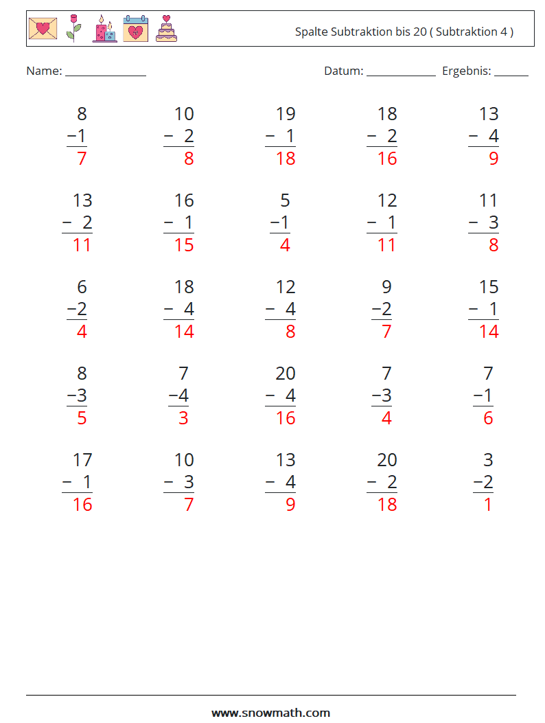 (25) Spalte Subtraktion bis 20 ( Subtraktion 4 ) Mathe-Arbeitsblätter 11 Frage, Antwort