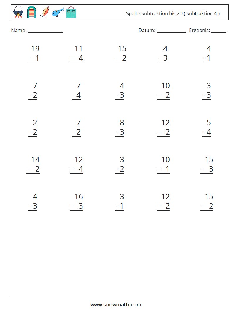 (25) Spalte Subtraktion bis 20 ( Subtraktion 4 ) Mathe-Arbeitsblätter 12