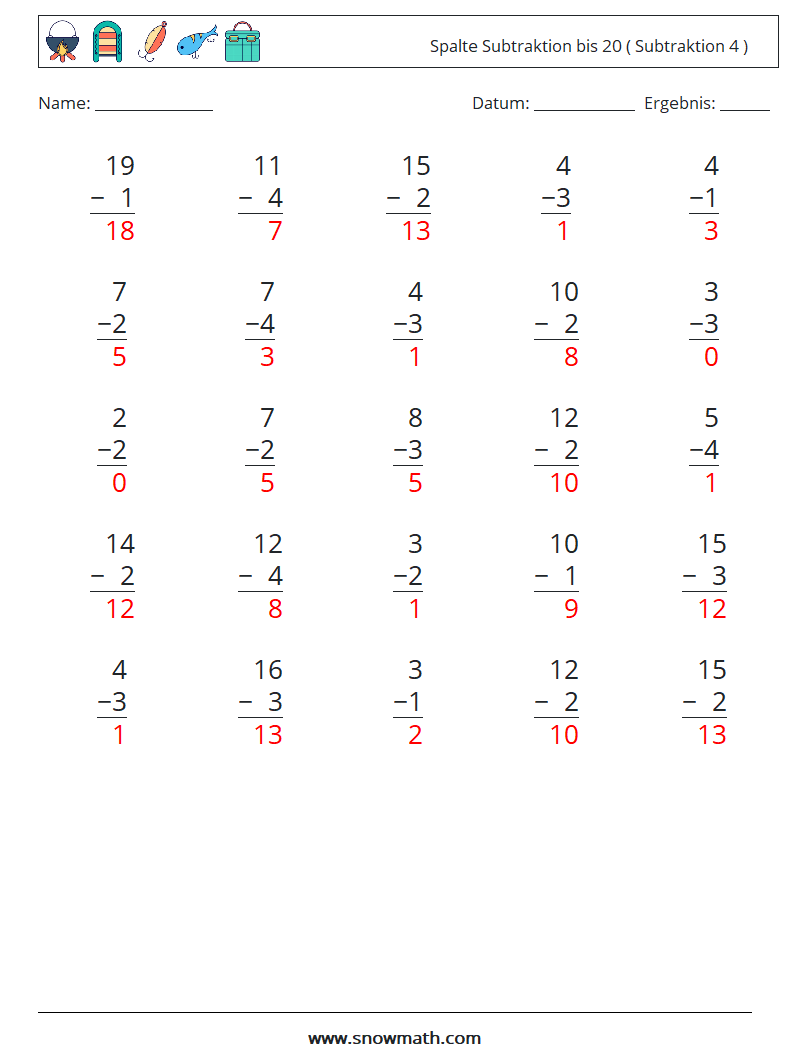 (25) Spalte Subtraktion bis 20 ( Subtraktion 4 ) Mathe-Arbeitsblätter 12 Frage, Antwort
