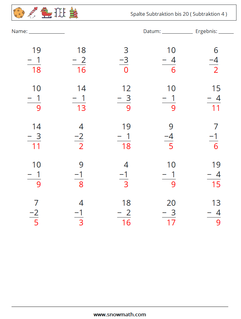 (25) Spalte Subtraktion bis 20 ( Subtraktion 4 ) Mathe-Arbeitsblätter 13 Frage, Antwort