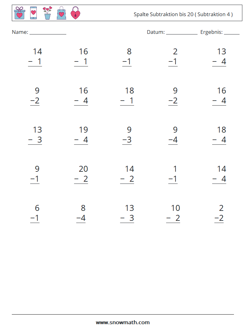 (25) Spalte Subtraktion bis 20 ( Subtraktion 4 ) Mathe-Arbeitsblätter 14