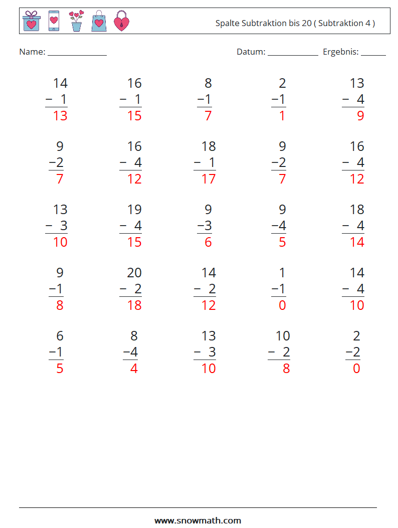 (25) Spalte Subtraktion bis 20 ( Subtraktion 4 ) Mathe-Arbeitsblätter 14 Frage, Antwort