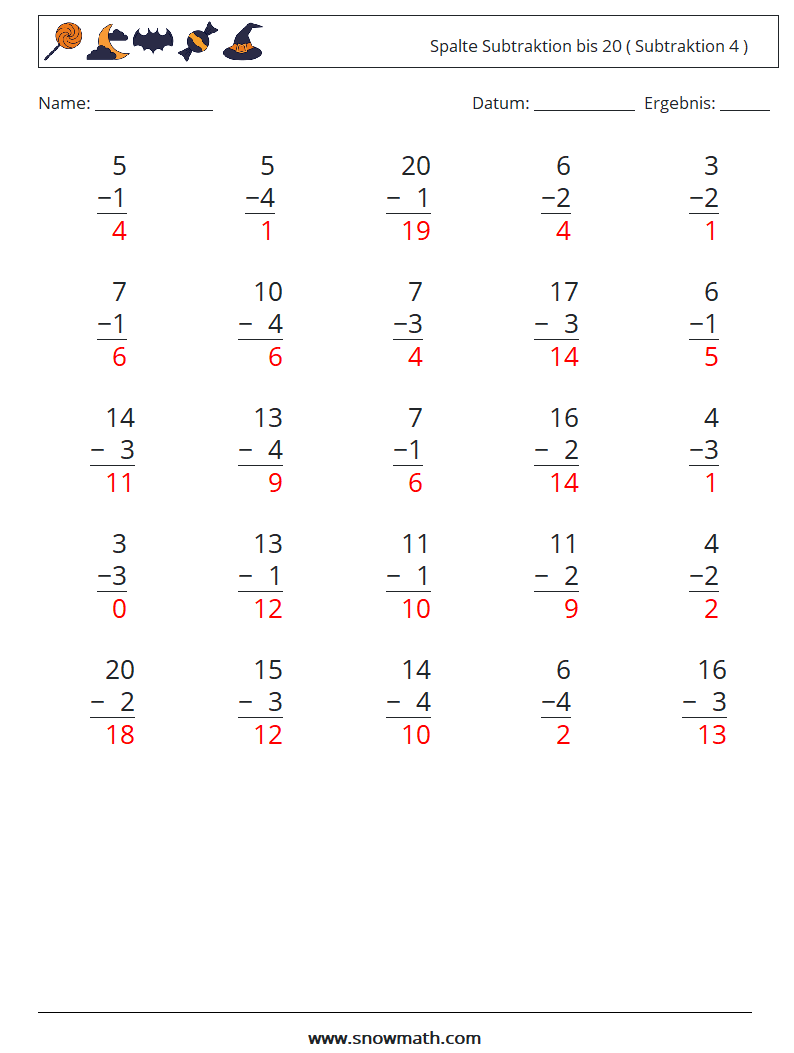 (25) Spalte Subtraktion bis 20 ( Subtraktion 4 ) Mathe-Arbeitsblätter 15 Frage, Antwort