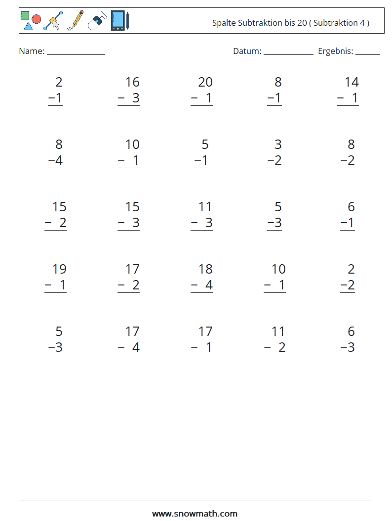 (25) Spalte Subtraktion bis 20 ( Subtraktion 4 ) Mathe-Arbeitsblätter 16